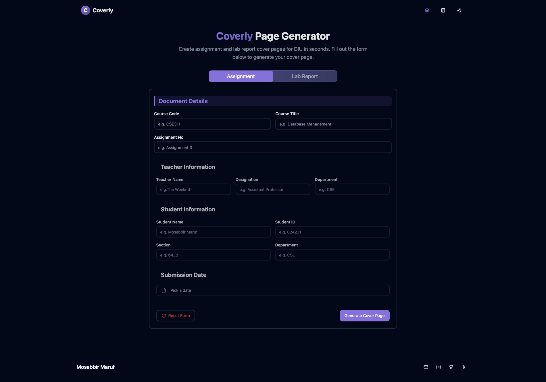 Coverly Academic Cover Generator